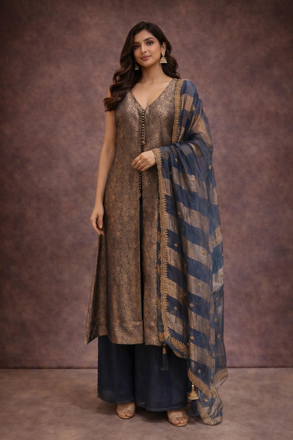 Navy Blue & Gold Brocade Silk Kurta Palazzo Set with Dupatta